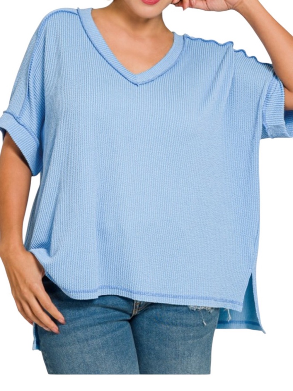 580. Plus Spring Blue Stretchy Ribbed V-Neck High-Low Short Sleeve Top NEW